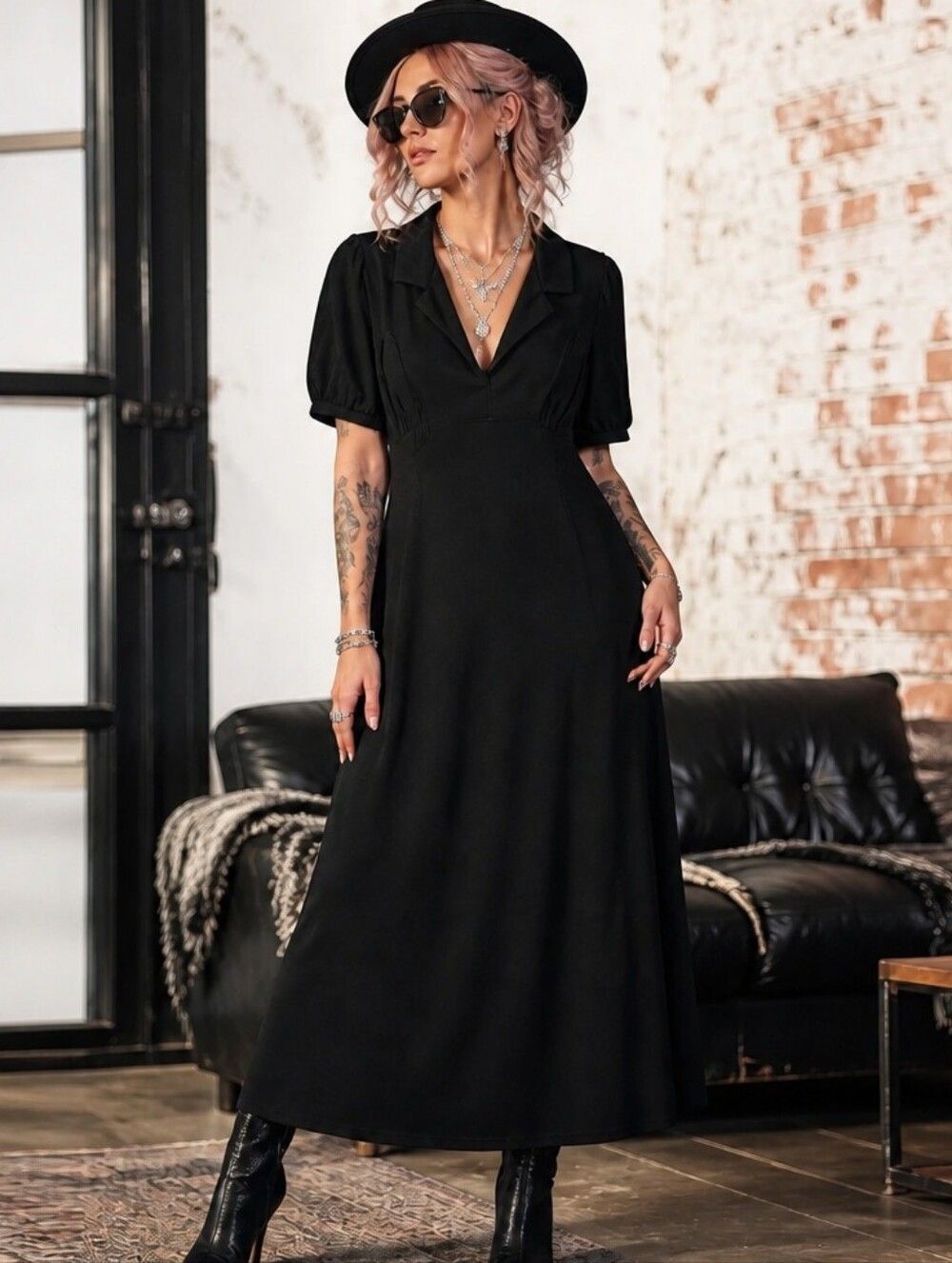 ASOS Black V-Neck Maxi Dress with Short Sleeves